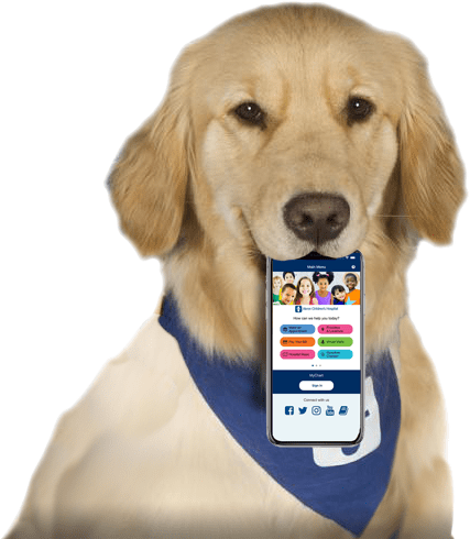 Dog Mascot holding Akron Children's Anywhere Mobile App